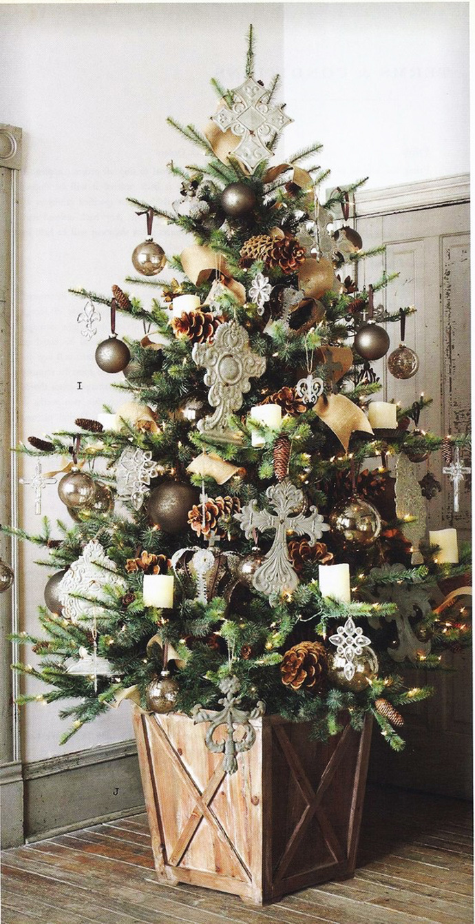 Furniture,Marvelous White Wall Paint Xmas Tree Decoration With Stunning Wood Potted Xmas Tree And Beautiful Gray Ball Ornaments Plus Wonderful Adorable Brown Linen Wood Floor For Vintage Concept,Awesome Xmas Trees Latest For Christmas