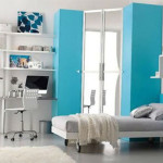 Interior,Enthralling Blue Mixed White Painting Ideas For Room With Gorgeous Wheels White Bed Frame On Combined Cozy Gray Bed Sheet And Cool Wheels White Chair Also Unique Stairs Shaped Wall Mounted Bookshelves,Cool Painting Ideas For Rooms