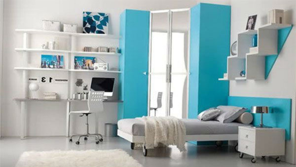 Interior,Enthralling Blue Mixed White Painting Ideas For Room With Gorgeous Wheels White Bed Frame On Combined Cozy Gray Bed Sheet And Cool Wheels White Chair Also Unique Stairs Shaped Wall Mounted Bookshelves,Cool Painting Ideas For Rooms