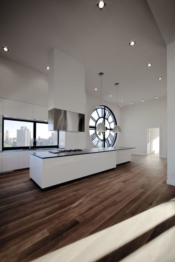 Furniture,Cool Stylish White Wall Paint Minimal Kitchen Design Ideas With Gorgeous White Kitchen Cabinet Plus Nice Glass Windows And Modern Kitchen Island On Combined Trendy Brown Wood Floor Also Beautiful Ceiling Lamps,Plush Minimal Kitchen Design Ideas