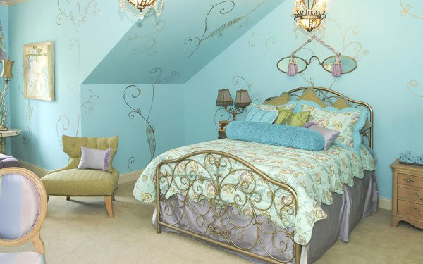 Bedroom,Impressive Blue Pattern Wall Decal Tween Bedroom Ideas For Girl With Adorable Gold Iron Bed Frame On Combined Comfortable Light Blue Pattern Bed Cover And Nice Bright Brown Wood Nightstand Table Also Cozy Small Lime Green Single Seater Sofa,Inexpensive And Cute Tween Bedroom Ideas For Girls