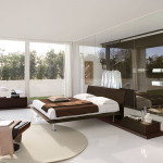Bedroom,Contemporary White Wall Paint Italian Small Designer Bedroom With Unusual Dark Brown Platform Bed On Combined Cool Chrome Legs And Modern White Bed Sheet Also Gorgeous Large Glass Windows Plus Soft White Curtains,The Best Modern Small Designer Bedrooms