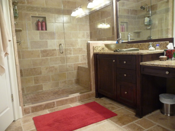 Bathroom,Admirable Cream Ceramic Tile Wall Small Bathroom Design Idea With Beautiful Dark Brown Wood Bathroom Vanity On Combined Nice Cream Black Granite Countertop And Cool Bathroom Glass Sliding Door Frameless Also Gorgeous Wall Mirror,The Best Beautiful And Small Bathroom Design Ideas
