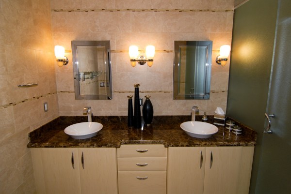 Bathroom,Modern Bathroom Vanity Ideas For Small Bathroom With Charming Creamy Wood Vanity Cabinet And Nice Double Bowl Ceramic Material In White Color Also Beautiful Brown Vanity Granite Plus Wonderful Double Glass Mirror,Beauty Bathroom Vanity Ideas For Small Bathrooms
