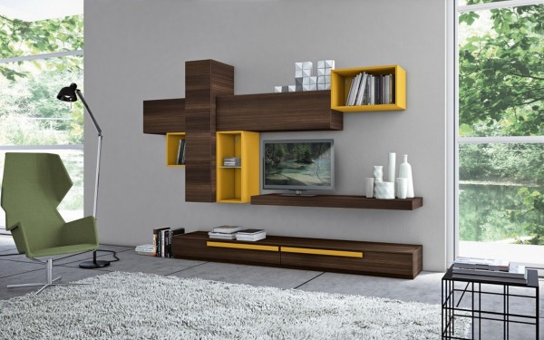 Furniture,Creative Furniture Tv On The Wall Ideas With Unusual Brown Wood Wall Mounted Shelf And Nice Yellow Wood Wall Mounted Open Bookshelf Plus Comfortable Green Swivel Chair Also Cool Spotlight Floor Lamp,Contemporary Furniture Tv On The Wall Ideas