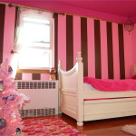 Bedroom,Marvelous Pink Brownn Striped Wallpaper Bedroom Color And Design With Wonderful Trundle Bed In Nice White Wood Bed Frame And Cute Small Pink Christmas Tree Also Beautiful Small White Wood Window Frame On Combined Cool White Transparent Curtain,Affordable Teenage Bedroom Colors And Designs Latest