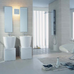 Bathroom,Enticing Bathroom Design Ideas With Amazing Double White Ceramic Freestanding Bathroom Vanity Plus Stylish Vertical Wall Mirrors And Unique White Plastic Chair Also Soft White Rug,Fresh And Clean Bathroom Designs Modern
