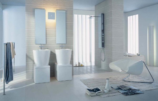 Bathroom,Enticing Bathroom Design Ideas With Amazing Double White Ceramic Freestanding Bathroom Vanity Plus Stylish Vertical Wall Mirrors And Unique White Plastic Chair Also Soft White Rug,Fresh And Clean Bathroom Designs Modern