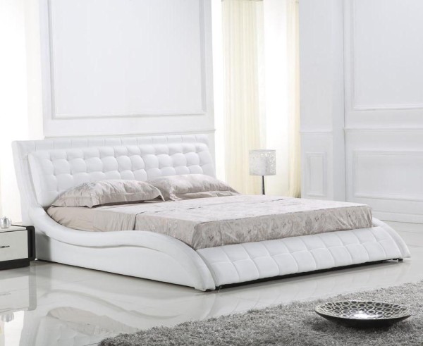 Bedroom,New Model White Leather Bed Frame Design Inspiration With Cozy White Headboard And Soft Tan Mattress Also Beautiful White Scheme,Style Low Profile Bed Design With Leather Beds