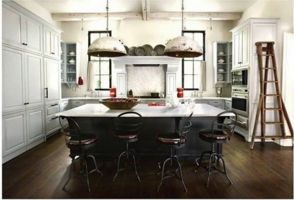 Furniture,Classic White Wall Paint Kitchen Island Design Inspiration With Beautiful White Wood Kitchen Cabinet And Gorgeous Black White Kitchen Island Combined Nice Brown Wood Floor Also Comfortable Black Bar Stools Plus Vintage Oversized Pendant Lamps,Modern Kitchen Island Designs