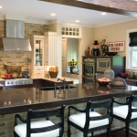 Furniture,Cool Amazing Small Space Kitchen Island Design Inspiration With Charming Brown Wood Kitchen Cabinet On Combined Beautiful White Countertop And Cool Stainless Cooker Hood Also Unusual Glass Rectangular Dining Table Plus Comfortable White Black Bar Stools,Modern Kitchen Island Designs