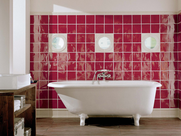 Bathroom,Fascinating Red Ceramic Tile Wall Panel Swedish Bathroom Design Inspiration With Enchanting White Ceramic Free Standing Bathtub And Wonderful White Square Bathroom Sink Also Cool Under Bathroom Sink Storage,Swedish Bathroom Design Modern