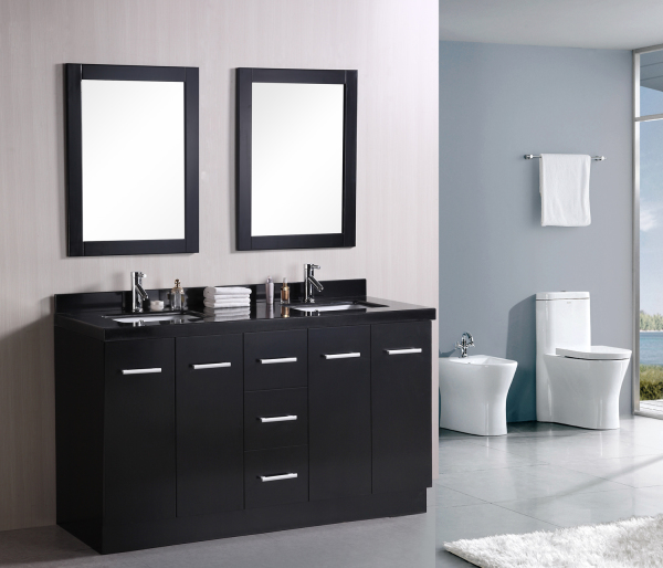 Bathroom,Cool Awesome Large Space Bathroom Vanity Ideas With Wonderful Black Wood Vanity Cabinet On Combined Beautiful Black Countertop Plus Cool Double Vessel Sink Vanity And Nice Double Wall Mirror Also Gorgeous White Ceramic Toilet,Contemporary Bathroom Vanity Ideas