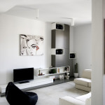 Apartments,Impressive White Scheme Studio Apartment Interior Design Ideas With Charming Entertainment Tv And Beautiful White Bookshelf Plus Gorgeous Artwork Also Modern White Sectional Sofa,Extraordinary Studio Apartment Interior Designs