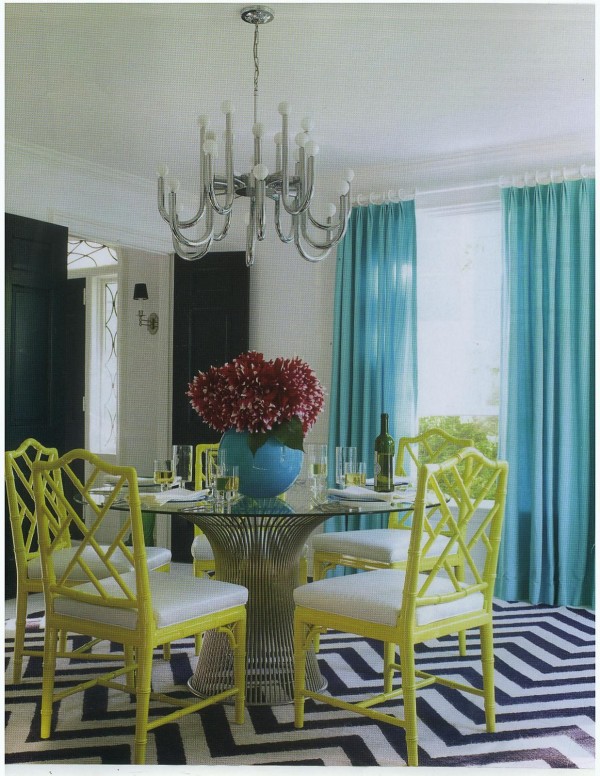 Dining Room,Dazzling White Wall Paint White Dark Blue Chevron Area Rug For Dining Room Design Inspiration With Stylish Glass Round Dining Table And Comfortable Yellow Bamboo Chairs Plus Soft White Thick Padded Seat Also Amazing Large Glass Window On Combined Soft Blue Large Curtains,Extraordinary Area Rug For Dining Room Designs
