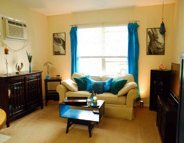 Apartments,Picturesque Cream Wall Paint Apartment Ideas With Charming Cream Two Seater Sofa On Combined Soft Blue Cushions And Unique Wood Dark Table Also Wonderful Glass Windows Plus Beautiful Blue Curtains,Comfort Studio For Contemporary Apartment Ideas
