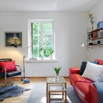 Apartments,Delightful White Wall Paint Apartment Ideas With Contemporary Red Two Seater Sofa On Combined Soft White Cushions And Nice Glass Tables Also Cool Black Single Seater Sofa Plus Beautiful White Wood Window Frame,Comfort Studio For Contemporary Apartment Ideas