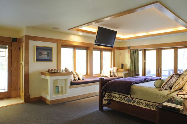 Bedroom,Admirable Large Space Decoration Ideas Bedroom With Beautiful Dark Brown Wood Bed Frame Plus Soft Great Gray Rug And Gorgeous Bay Window Also Cool Glass Windows On Combined Wonderful Pale Green Curtains,Inexpensive Decorating Ideas For Bedrooms