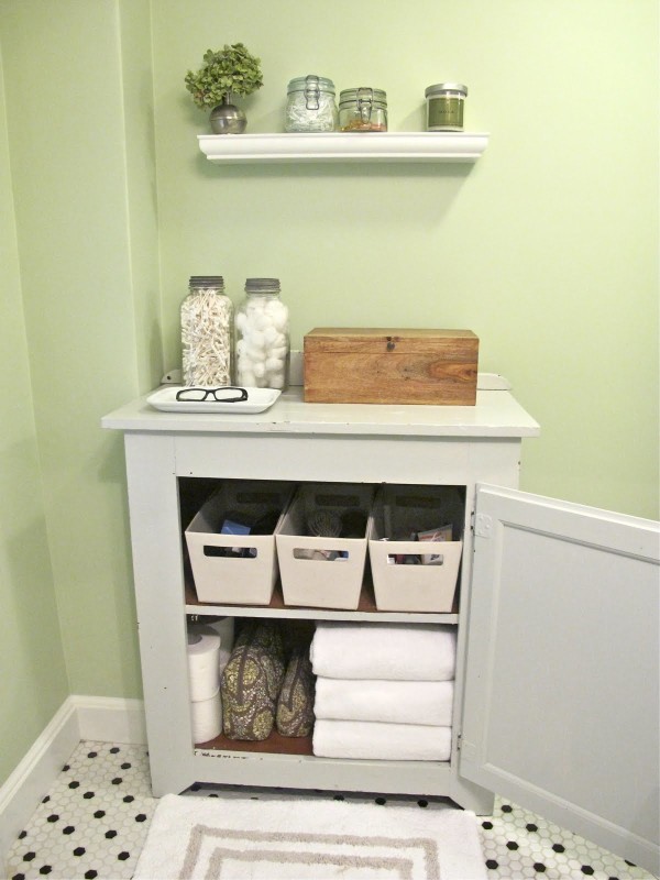 Bathroom,Dazzling Corner Bathroom Storage Ideas For Small Bathroom With Beautiful White Wood Material And Cool White Wall Mounted Shelf Also Picturesque Light Green Wall Paint,Cool Neat Bathroom Storage Ideas For Small Bathrooms