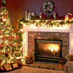 Furniture,Nice Looking Red Wall Paint Xmas Tree Design Inspiration With Wonderful Cream Xmas Tree Lights And Rustic Brick Stone Fireplace Also Comfortable Single Seater Sofa On Combined Nice Floral Ornaments,Awesome Xmas Trees Latest For Christmas
