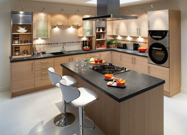 Furniture,Exquisite Minimal Kitchen Design Ideas With Amazing Bright Wood Kitchen Cabinet On Combined Cool Black Marble Countertop And Adorble Kitchen Island Plus Gorgeous Black Marble Countertop Also Comfortable White Bar Stools ,Plush Minimal Kitchen Design Ideas