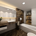Bathroom,Nice Spectacular Bathroom Design Ideas With Amazing White Ceramic Freestading Bathtub And Wonderful Floating Bathroom Vanity On Combined Nice Black Beige Marble Countertop Plus Cool White Ceramic Washbasin Also Stylish Horizontal Wall Mirror,Fresh And Clean Bathroom Designs Modern