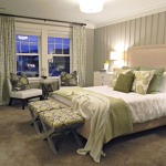 Bedroom,Chic Small Space Bedroom Design Ideas With Charming Cream Bed Frame On Combined Comfortable White Bed Sheet Plus Soft Cream Height Headboard And Beautiful Grey Green Floral Cushion Ottomans Also Stunning White Wood Nightstand Table,Wide Range Of The Latest Modern Bedrooms