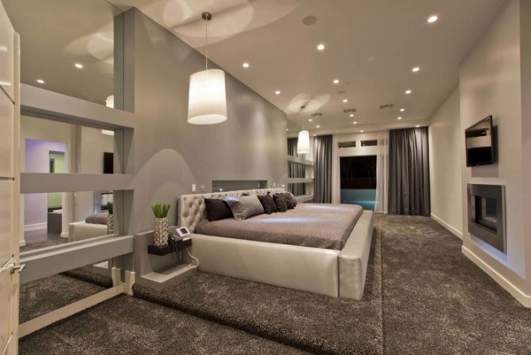 Bedroom,Admirable Large Contemporary Bedroom Design Ideas With Comfortable Bedding On Combined Large Gray Carpet And Soft Two Cream Hanging Lamp Also Modern Tv Wall Units,Relaxed Plan Contemporary Bedroom