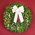 Interior,Enticing Christmas Wreath Decorating Ideas With Exquisite Green Leaves Combined Nice Brown Conifer Cone And Cool White Bow Ornaments Also Lovely White Ribbon,Make Your Guests Be Impressed To See The Christmas Wreath Decorating Ideas