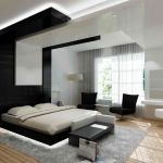 Bedroom,Impressive Large Space Bedroom Decoration With Awesome Black Platform Bed On Combined Beautiful White Led And Comfortable Black Swivel Chairs Also Cool Grey Fur Rug Plus Trendy Bright Wood Tile Floor,Wide Range Of The Latest Modern Bedrooms