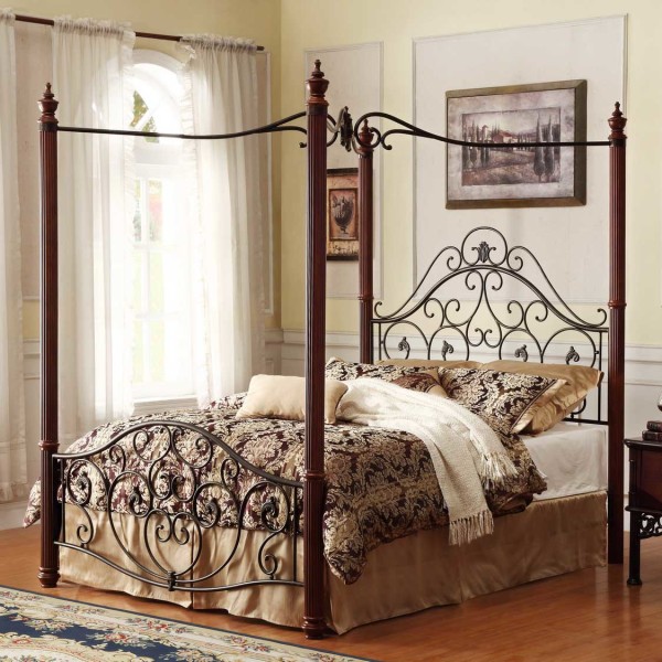 Bedroom,Elegant Princess Red Iron Bedroom Design Inspiration With Style Canopy And Comfortable Double Mattress On Combined African Local Motive Bed Cover Also Trendy British Ornament Headboard,Contemporary Iron Bedroom Design