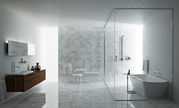 Bathroom,Exceptional Large Space Best Modern Bathroom Design Ideas With Stunning Floating Walnut Bathroom Vanity And Charming Clear Glass Door Shower Plus Gorgeous White Ceramic Freestanding Bathtub Also Comfortable White Wood Bench For Luxurious Concept,The Best Modern Bathrooms Design Great
