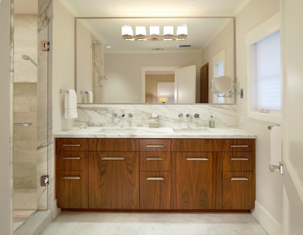 Bathroom,Luxurious White Background Swedish Bathroom Design With Charming Brown Wood Vanity Cabinet Combined Beautiful White Granite Countertop And Cool Large Rectangular Wall Mirror Also Gorgeous Stainless Shower Door Handle,Swedish Bathroom Design Modern