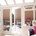 Interior,The Best Large Glass Door With Beautiful Pleated Blind On Combied Brown Color Also Cozy White Sofa And Cool Floral Pillow For Modern Concept,Gorgeous Pleated Blinds Decor Ideas