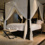 Bedroom,Adorable Bedroom Inspiration With Beautiful White Canopy On Combined Black Frame And Cool Folding Table Also Comfortable White Fur Rug For Retro Concept ,Modern Bedroom Inspiration