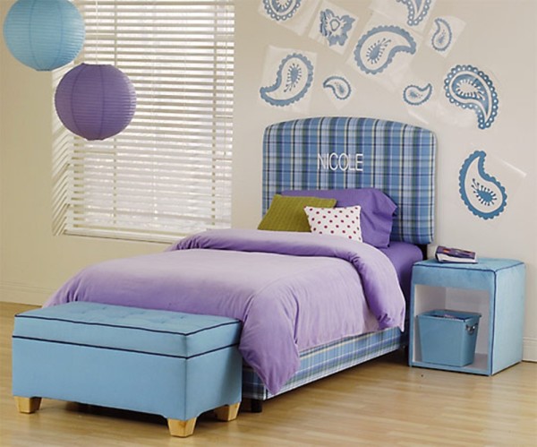 Bedroom,Exquisite Kids Bedroom Design Ideas With Beautiful White Wall Paint Color And Nice Blue Wall Sticker Also Comfortable Blue Bed Frame On Combined Purple Blanket,Delight Kids Bedroom Design
