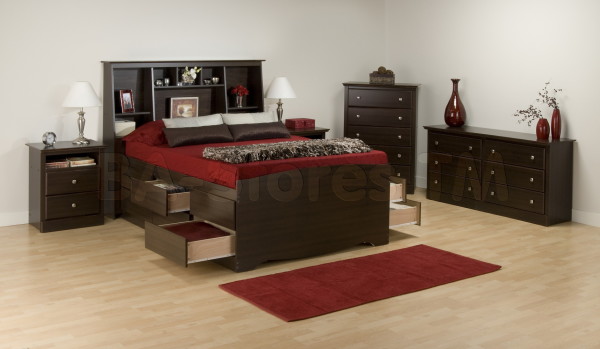 Bedroom,Fascinating Multifunction Wood Headboard Bed Design Ideas With The Best Large Platform Bed And Charming Dark Brown Dresser Also Nice Red Rug On Combined Light Brown Laminate Flooring,Single Bedroom With Headboard Beds