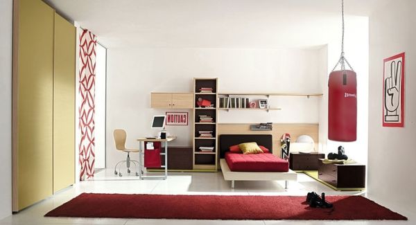 Bedroom,Modern White Wall Paint Large Space Bedroom Design For Guy With Beautiful Platform Bed Plus Comfortable Red Mattress And Cozy Study Space Also Cool Large Red Rug On Combined White Ceramic Floor ,Cool Bedroom Designs For Guys
