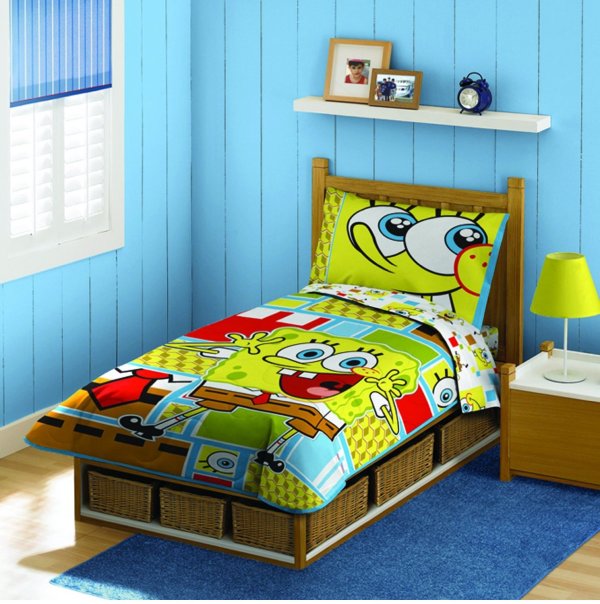 Bedroom,Delight Light Blue Linen Wall Paint Bedroom Design For Guy With Charming Low Profile Bed On Combined Nice Rattan Under Storage Bed And Beautiful Sponbob Pattern Bedding Also Soft Blue Rug Plus Wonderful Bright Wood Floor ,Cool Bedroom Designs For Guys