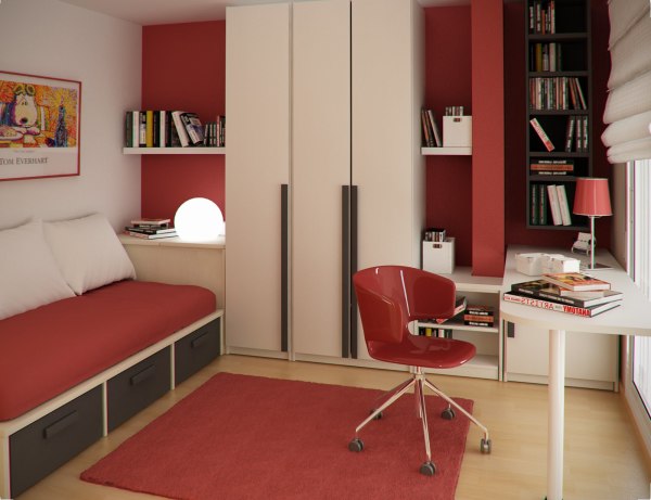 Bedroom,Breathtaking Red Mixed White Scheme Bedroom Design For Teenage Girl With Trendy Day Bed On Combined Soft Red Mattress And Cool Red Rug Also Cozy Study Space Plus Charming Open Bookshel,Modern Bedroom Designs For Teenage Girls
