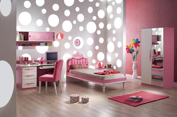 Bedroom,Awesome Large Space Really Cool Bedroom Design Ideas With Stunning Pink White Bed Frame On Combined Comfortable Brown Bed Sheet And Delightful White Pink Wood Study Table Plus Cute Pink Chair Also Gorgeous Pink Floating Bookshelf On The Gray White Polcadot Wall For Grils Bedroom,Really Cool Bedrooms Designed With A High Comfort Level