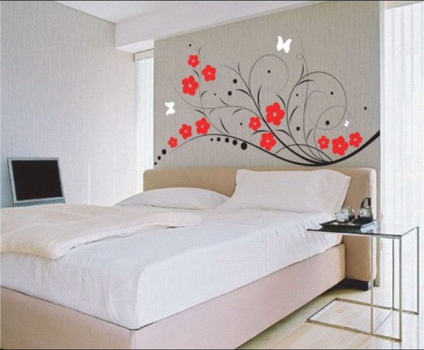 Bedroom,Picturesque Floral Wall Sticker Bedroom Designs For Small Room With Stunning Cream Bed Frame On Combined Comfortable White Bed Sheet And Soft White Cushions Also Modern Glass Bedside Table,Delightful Bedroom Designs For Small Rooms