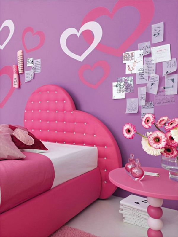 Bedroom,Captivating Purple Wall Paint On Combined Heart Wall Decals Bedroom Design For Teenage Girl With Cute Pink Heart Shape Headboard And Comfortable White Mattress On Combined Pillows Also Wonderful Pink Round Bedside Table ,Modern Bedroom Designs For Teenage Girls