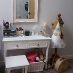 Bedroom,Enchanting White Make Up Table Design Ideas With Cool White Vanity Desk And Wonderful White Square Glass Mirror Also Comfortable White Wood Bench,Make Up Table Design Ideas