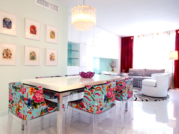 Bedroom,Modern Design A Room With Comfortable Sofas On Combined Soft Black White Zebra Pattern Rug And Beautiful White Rectangular Dining Table Plus Cute Colorful Floral Pattern Dining Chairs Also Elegant Crystal Pendant Lamp,Design A Rooms Latest
