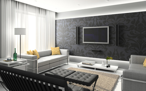 Furniture,Stunning Interior Design With Adorable Twins Sleeper Sofa In Gray Color And Nice Black Ottomans Plus Wonderful Tv Wall Units Also Beautiful White Drum Floor Lamp,Cool Home Interior Designs Of 2015