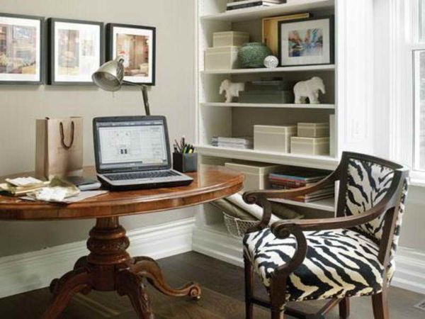 Furniture,Enthralling Home Office Design For Two People With Nice Brown Round Wood Desk On Combined Stainless Desk Lamp And Comfortable Zebra Pattren Office Chair Also Wonderful White Bookshelf Plus Beautiful Dark Brown Wood Floor,Comfortable Home Office Design For Two People 
