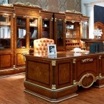 Office & Workspace,Cheap And Elegant Executive Office Furniture Set Decoration With High Gloss Finish Wood Desk And Comfortable Orange Leather Swivel Chair Also The Best Large Bookcase On Combined Brown Color,Smart Modern Executive Office Furniture Sets To Your Workspace