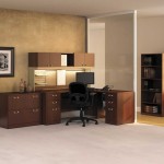 Office & Workspace,Elegant Goldstein Executive Office Furniture Set Design Ideas With Comfortable Corner Wood Desk And Cozy Black Wheel Arm Chair Also Cool Bookcase,Smart Modern Executive Office Furniture Sets To Your Workspace