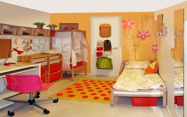 Furniture,Delightful Interior Design Idea With Charming Bright Brown Wood Bed Frame And Nice White Wood Study Table Plus Comfortable Wheels Pink Chair Also Creative Wall Mounted Bookshelf,Fabulous Interior Design Ideas For Modern Home
